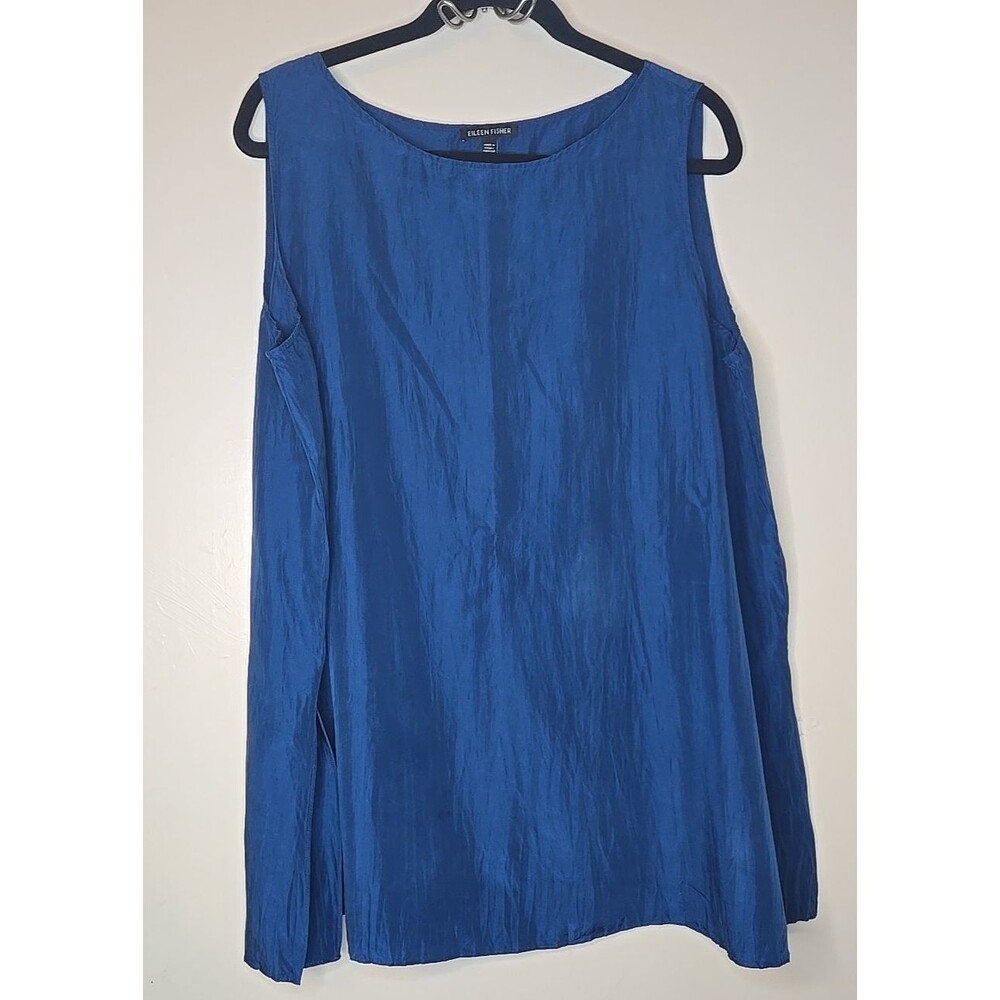 Eileen Fisher Crushed Silk Long Tank Top Royal BlueCobalt L Minimalist Lagenlook